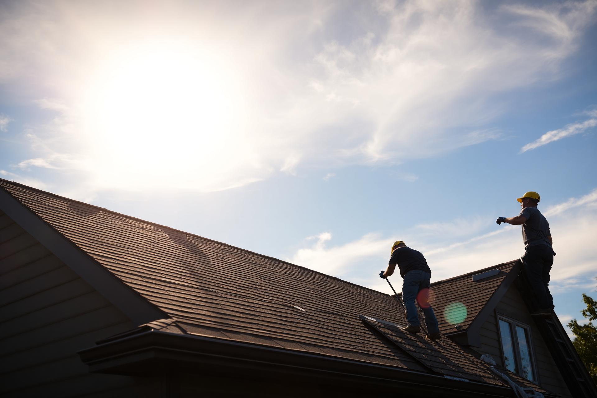 Roofers installing shingles on an Omaha home